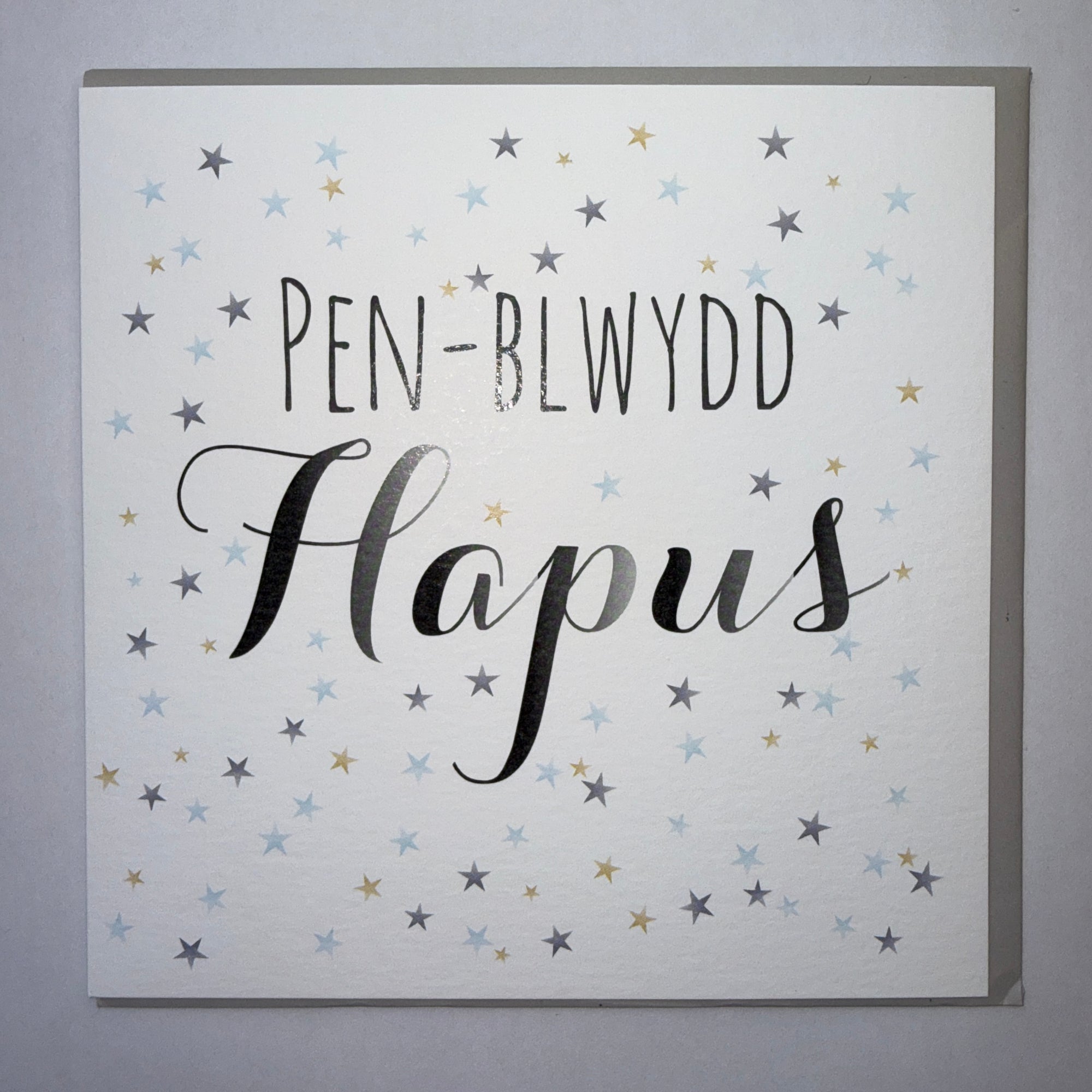 Penblwydd Hapus Small Blue & Silver Stars Card