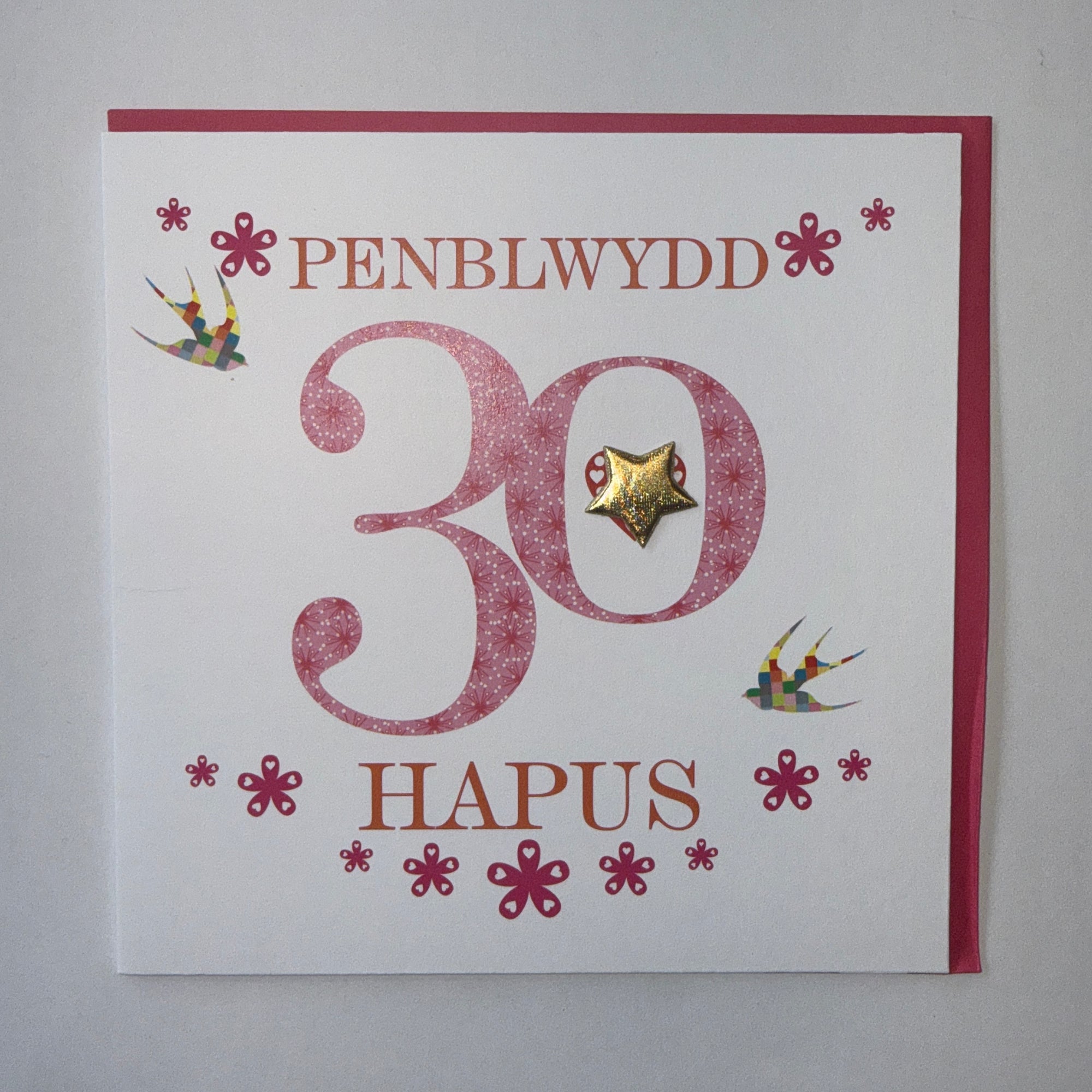Penblwydd Hapus 30 Pink Flowers & Gold Star Card