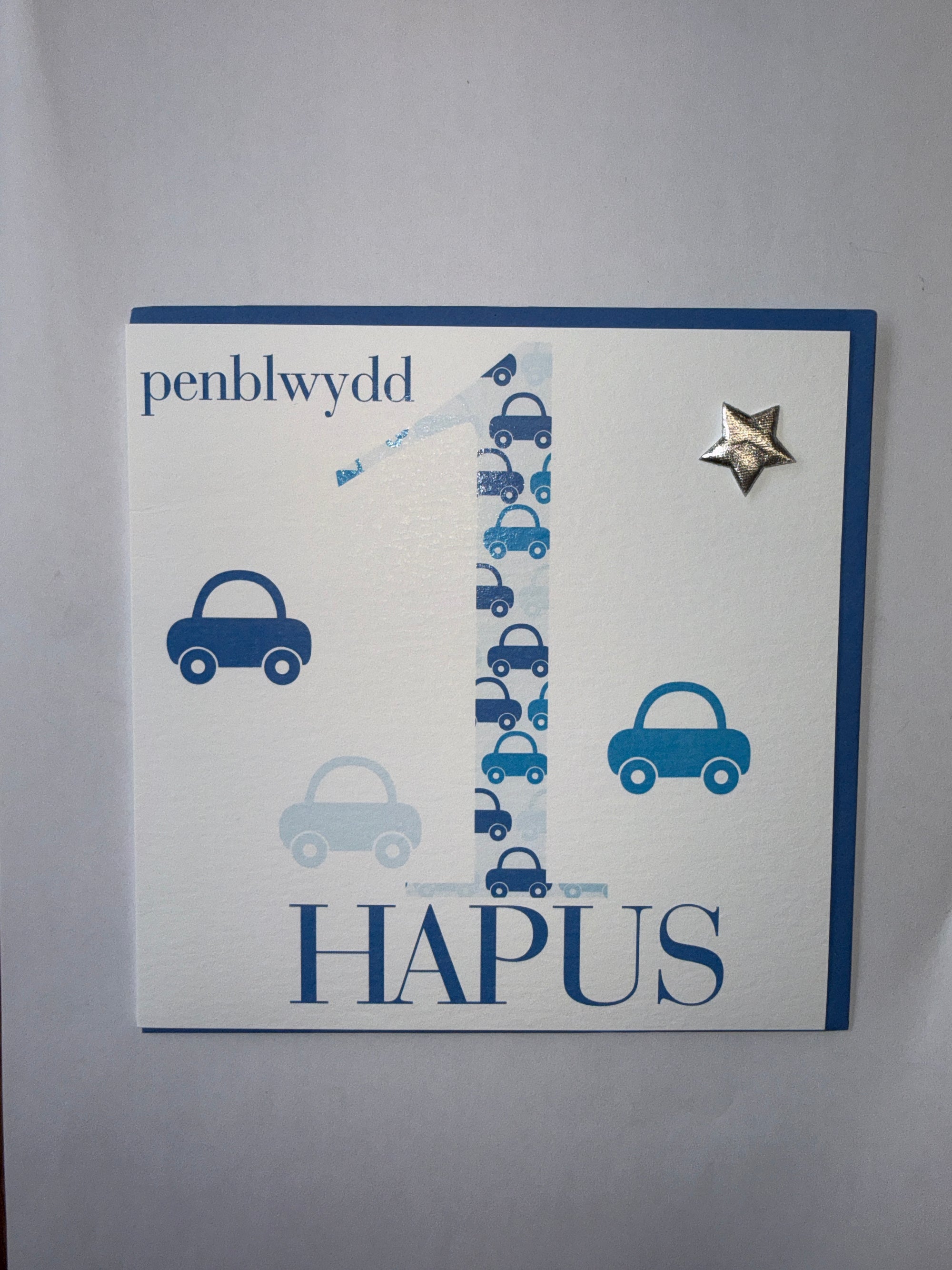 Penblwydd Hapus 1 Blue Cars & Silver Star Card