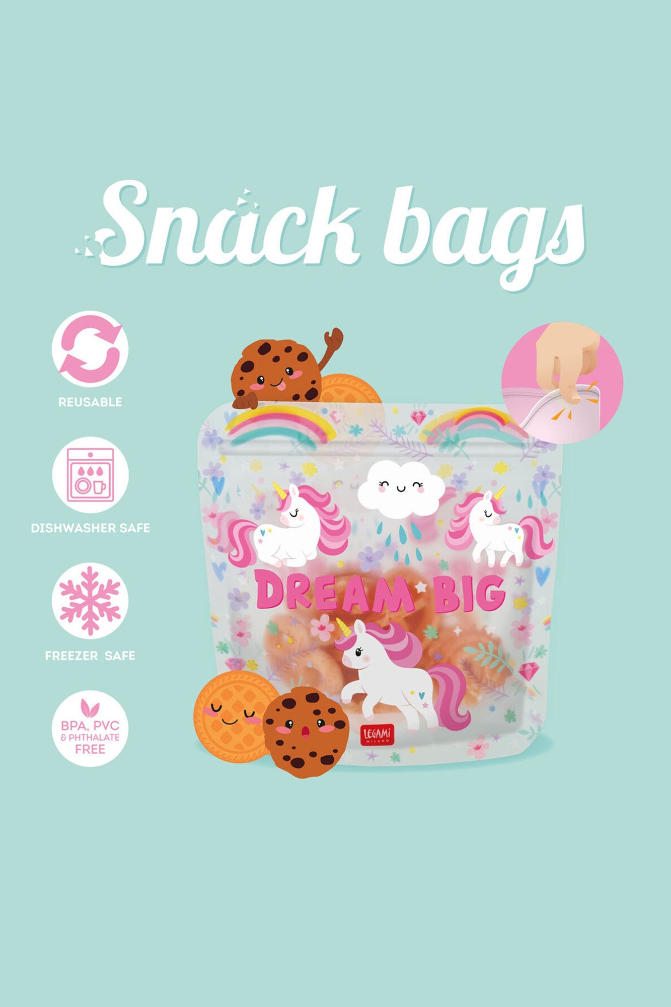 Legami Set of 3 Reusable Snack Bags - Unicorn