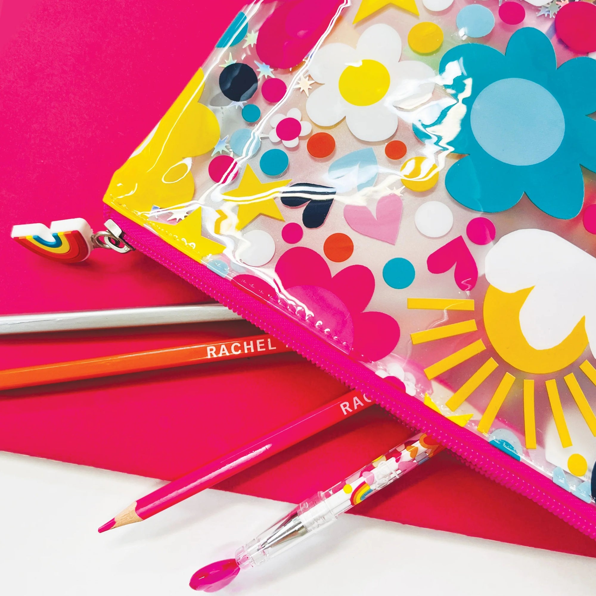 Rachel Ellen Clear Pencil Case - Flowers, Hearts & Stars