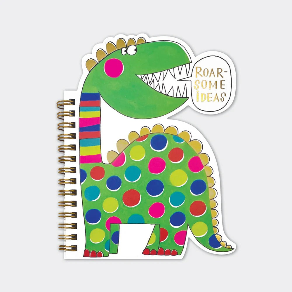Rachel Ellen -Roar-some Dinosaur Shaped Wire Bound Notebook | Gold Foil & Colourful Spots Roar-some Dinosaur Shaped Wire Bound Notebook