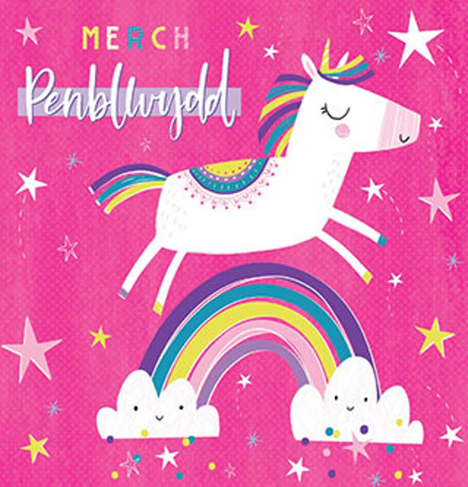 Merch Penblwydd Unicorn & Rainbow Card