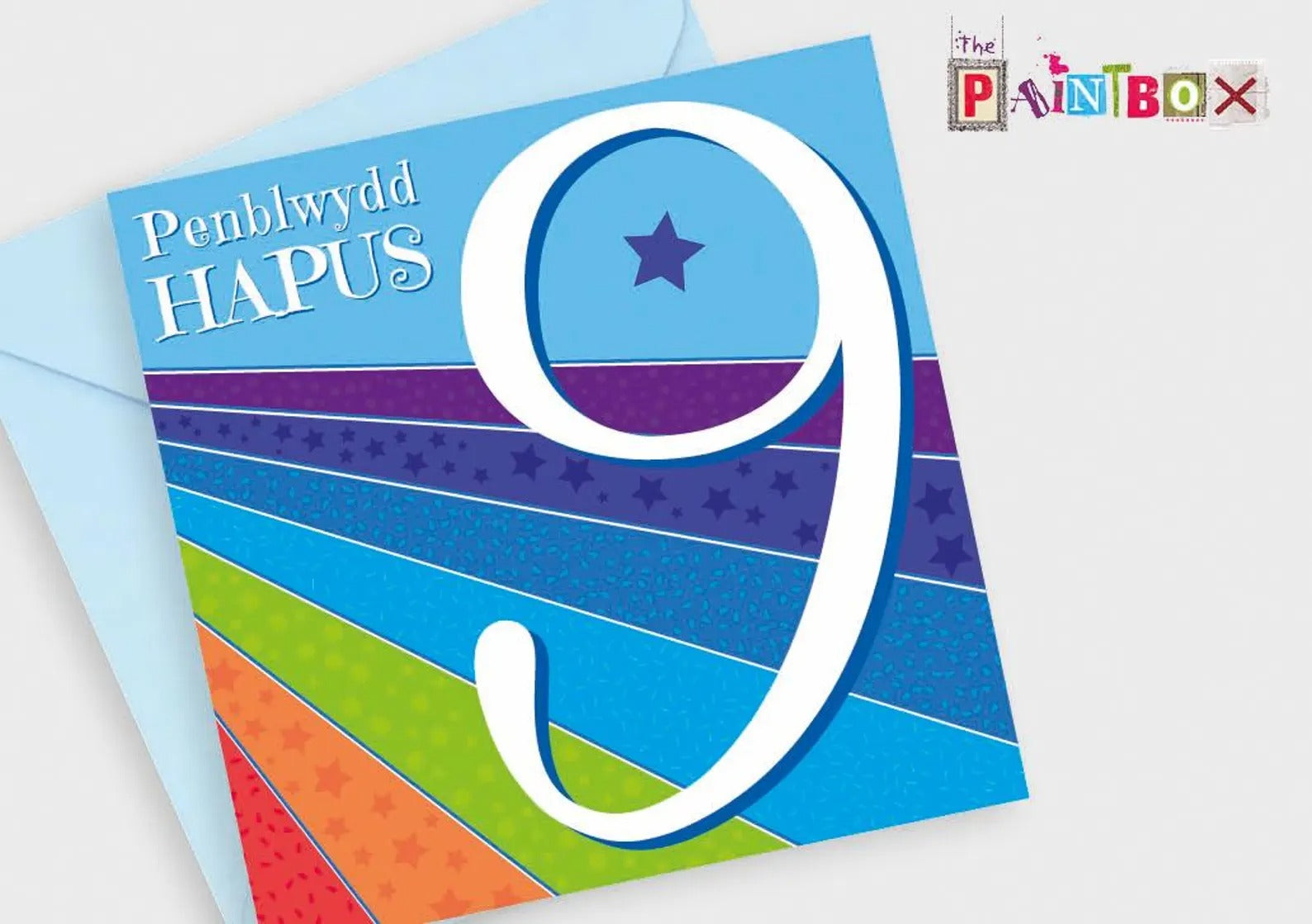 Penblwydd Hapus 9 Blue Rainbow Stripes Card