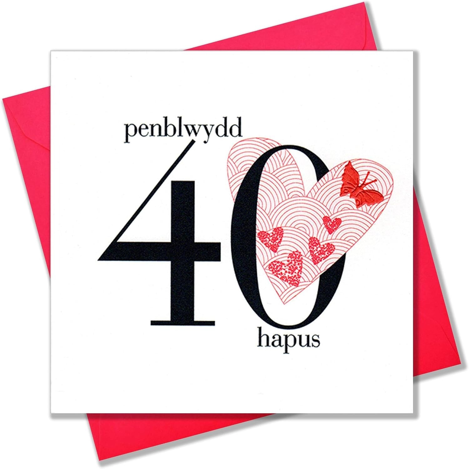 Penblwydd Hapus 40 Red Butterfly And Hearts Card