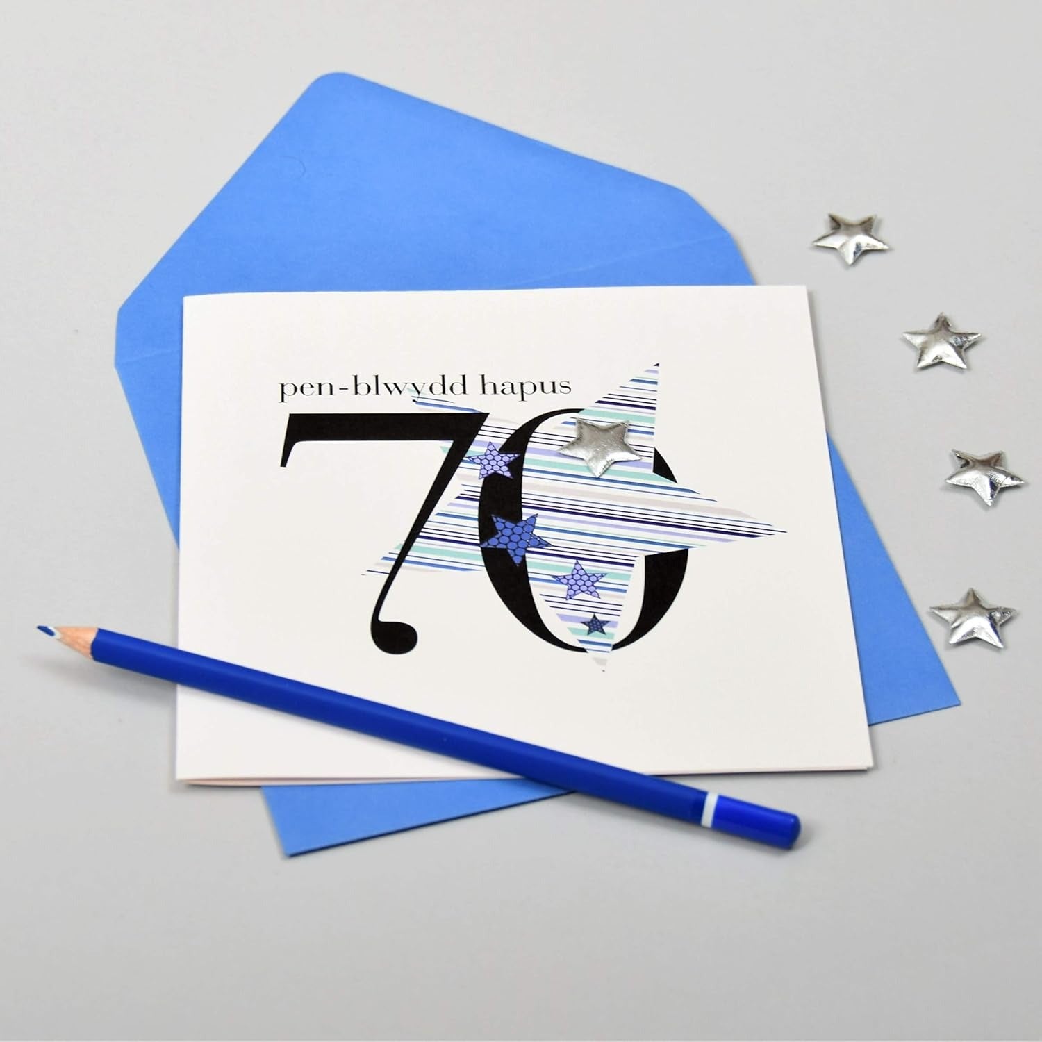 Penblwydd Hapus 70 Blue & Silver Stars Card