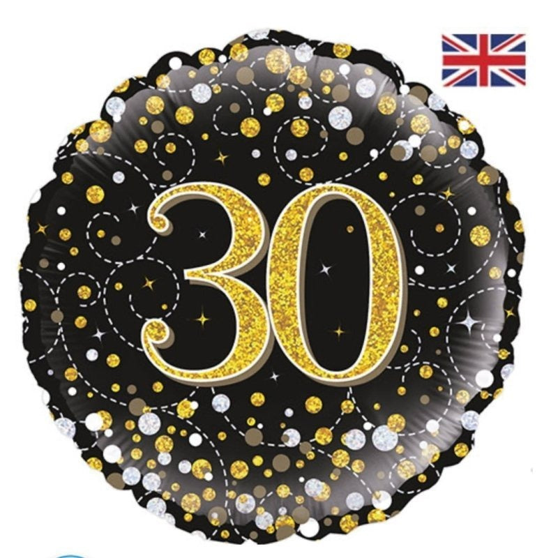 18 inch Age 30 Black and Gold Sparkling Fizz Balloon