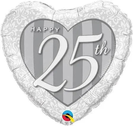 18 inch Happy 25th Anniversary Silver Heart Balloon