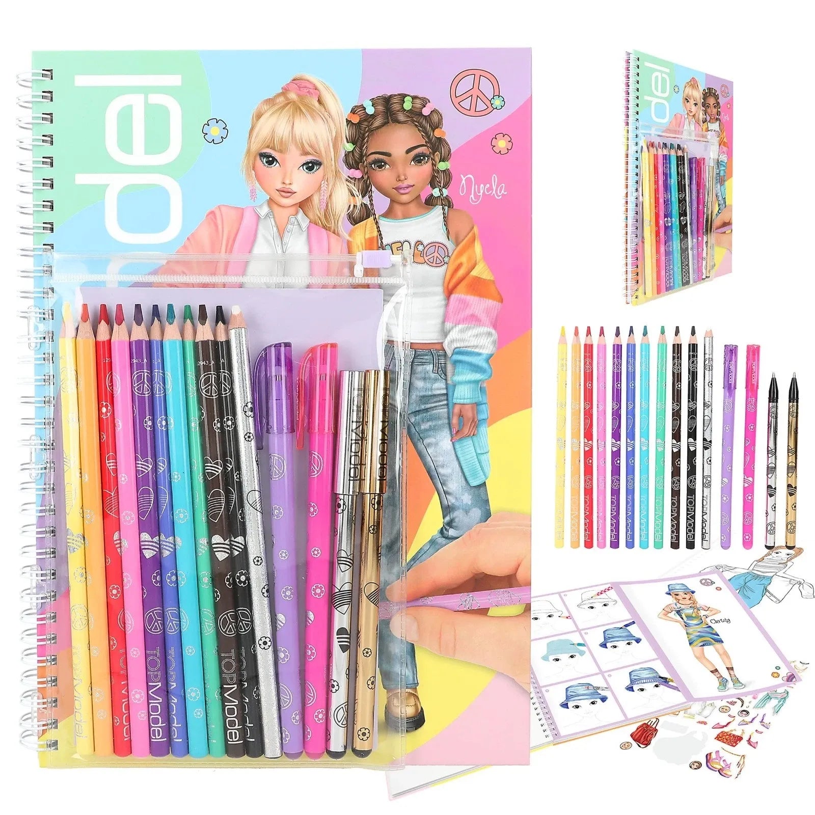 Top Model Hardback Colouring Book With 10 Pencils, 1 Eraser & 4 Pens (Nyela & June)