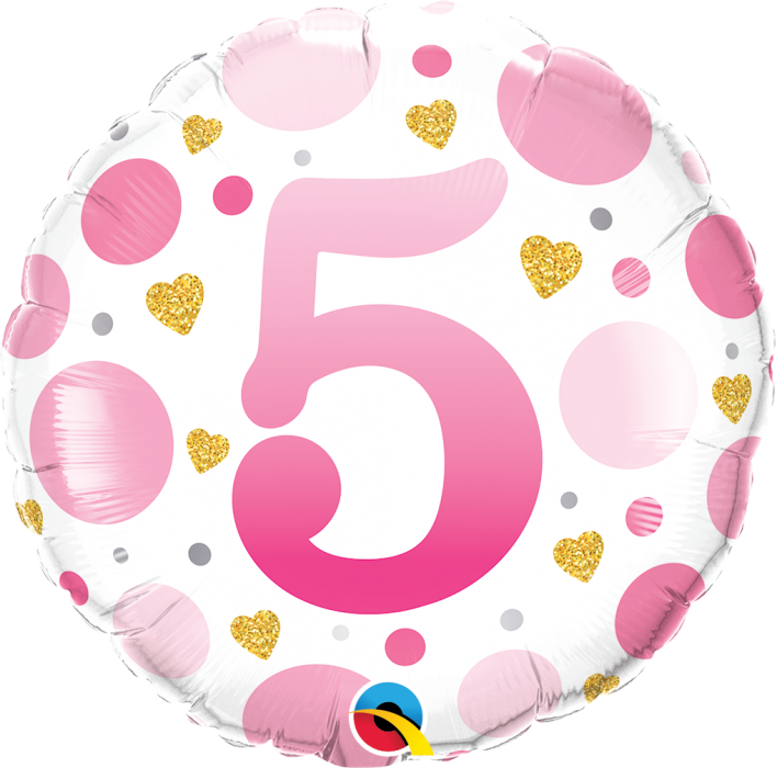 18 inch Age 5 Pink Dots & Gold Hearts Balloon
