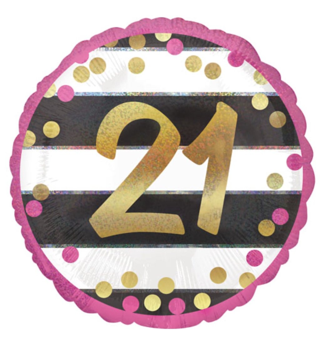 18 inch Age 21 Pink & Gold with Black & White Stripes Balloon