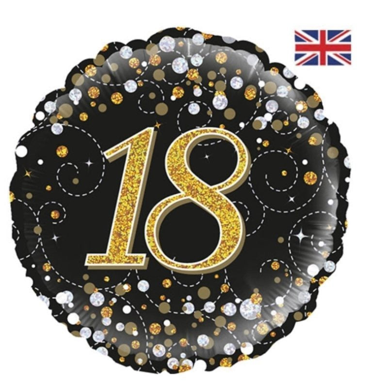 18 inch Age 18 Black and Gold Sparkling Fizz Balloon
