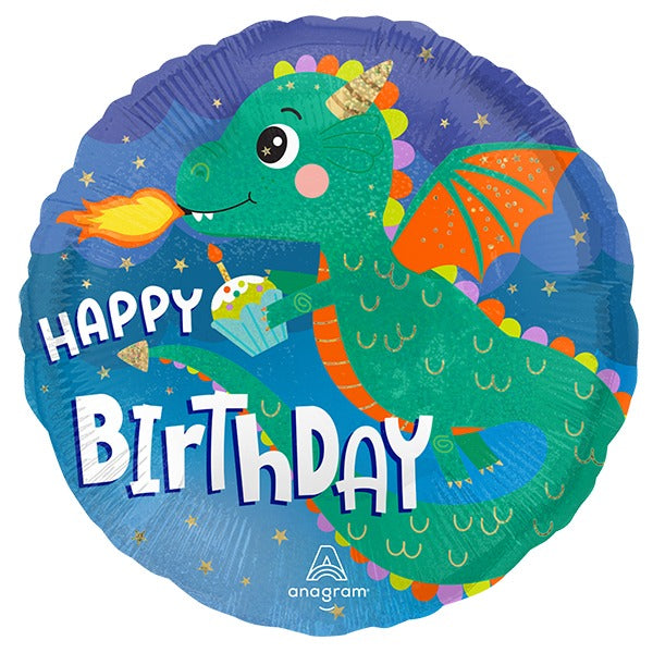 18 inch Happy Birthday Cute Dragon Round Foil Balloon