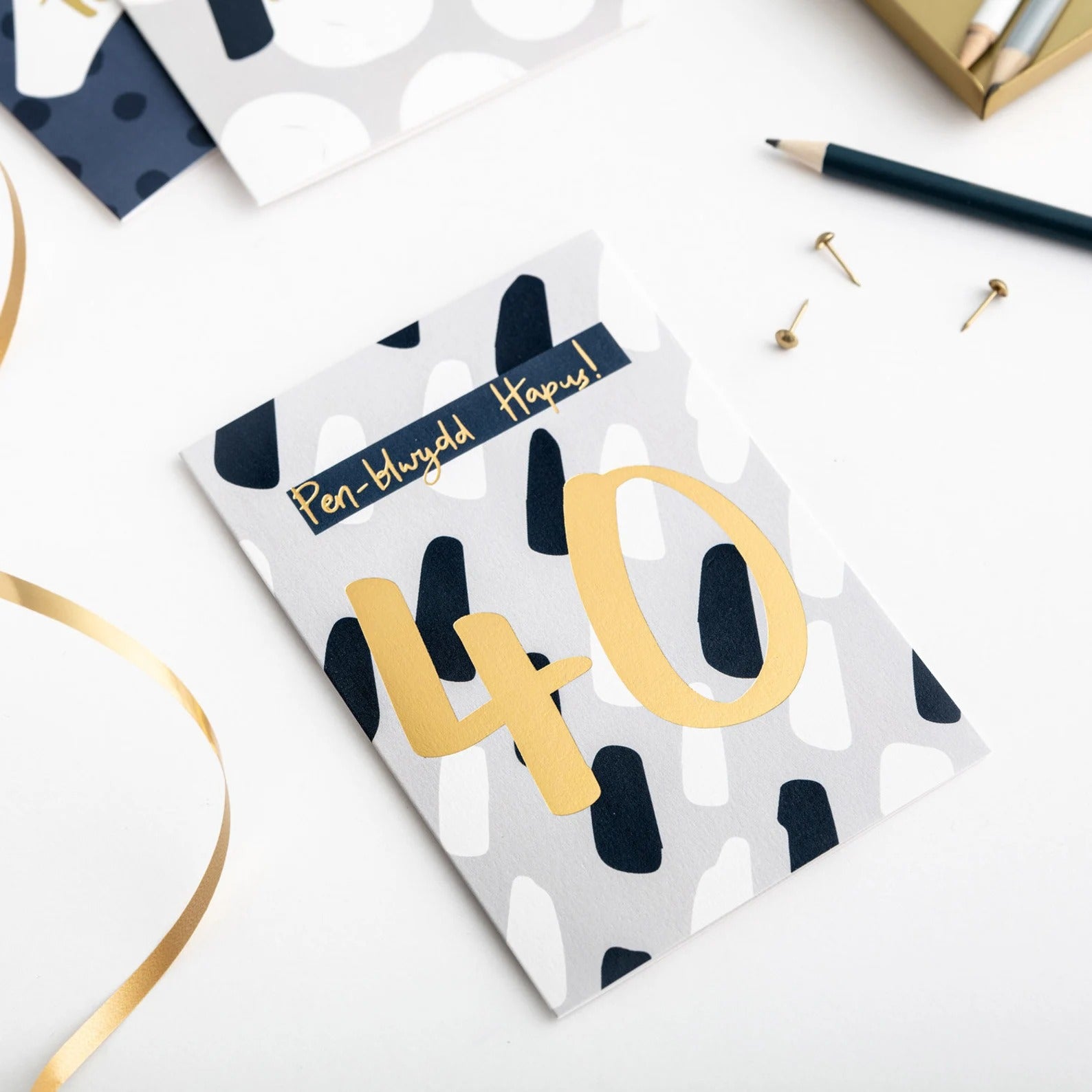 Penblwydd Hapus 40 Gold & Grey Card