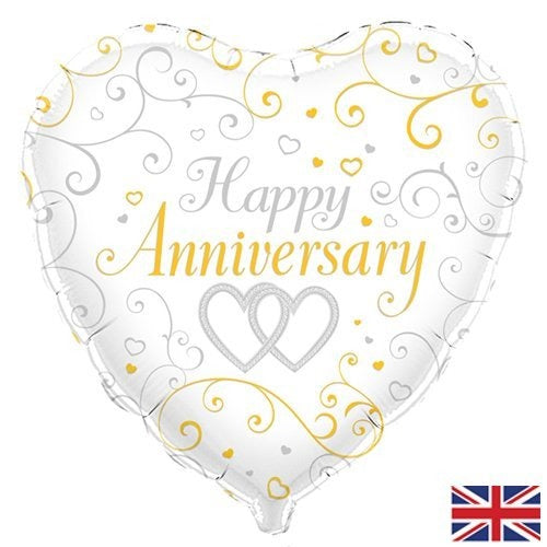 18 inch Happy Anniversary - Gold and Silver Heart Balloon