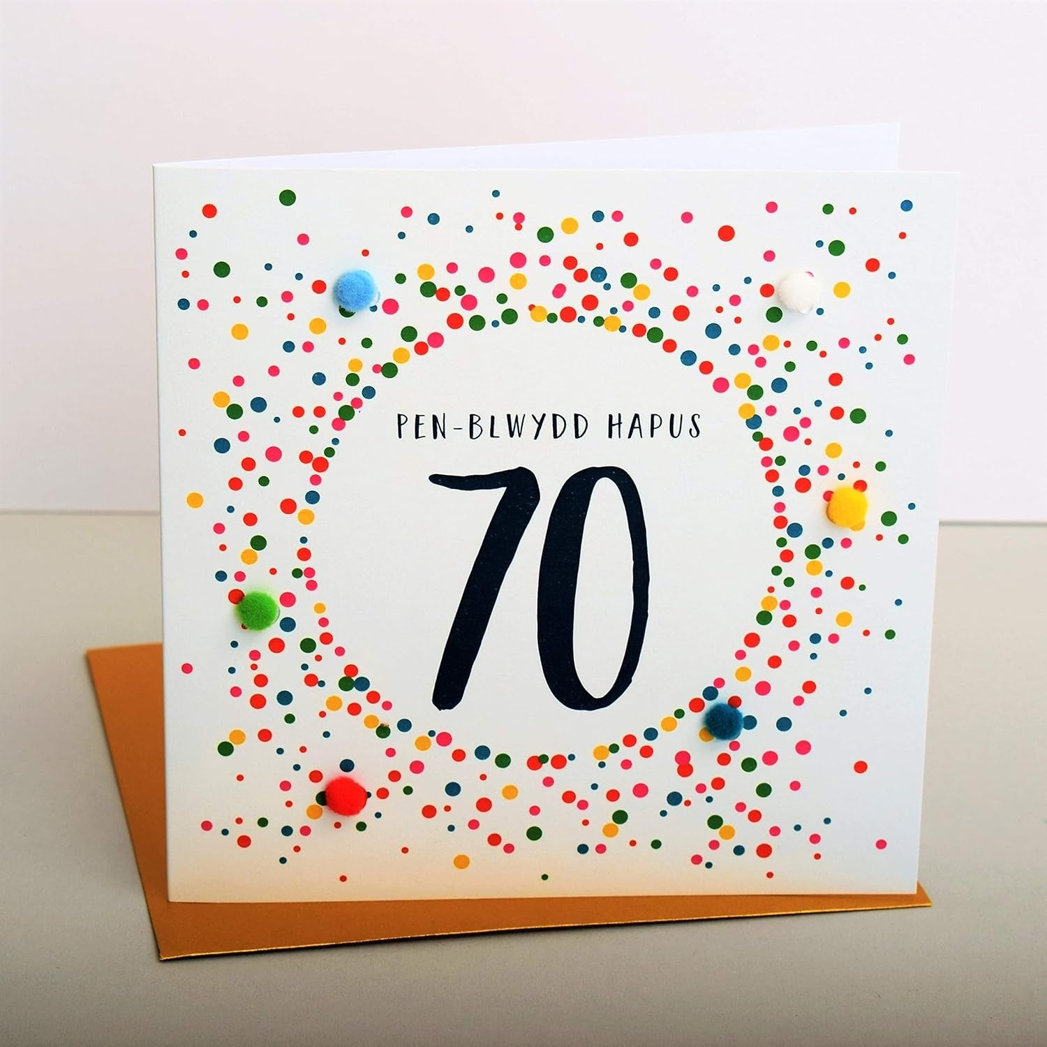 Penblwydd Hapus 70 Multicoloured Pom Pom Card