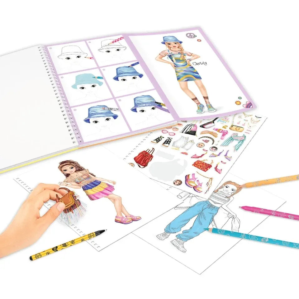 Top Model Hardback Colouring Book With 10 Pencils, 1 Eraser & 4 Pens (Nyela & June)